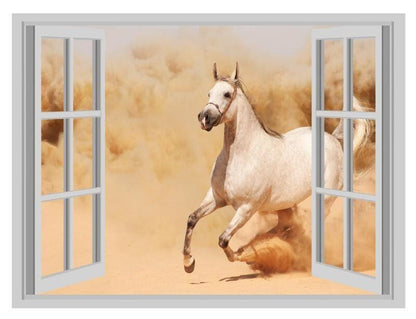 White Horse 3D Window View Wall Decal: Running in Sand