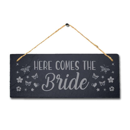 Here Comes Bride Laser Engraved Hanging Rustic Slate Wedding Party Plaque Sign
