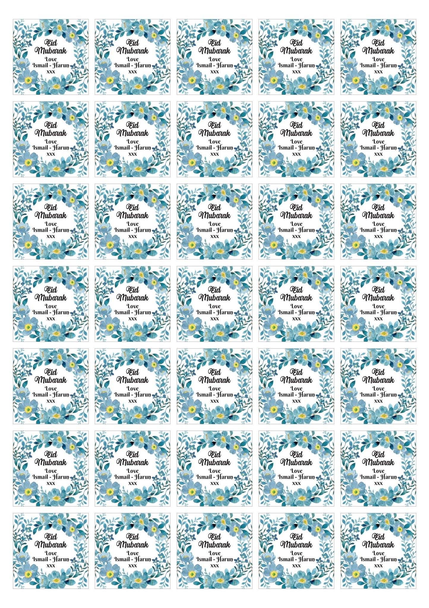 Blue Florals Eid Mubarak Personalised Stickers Festival Favour Envelope Seals