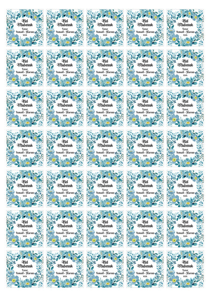 Blue Florals Eid Mubarak Personalised Stickers Festival Favour Envelope Seals