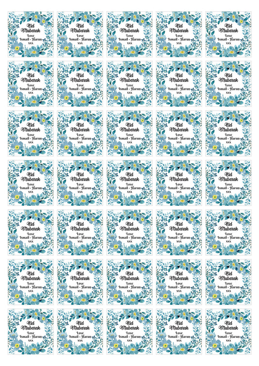 Blue Florals Eid Mubarak Personalised Stickers Festival Favour Envelope Seals