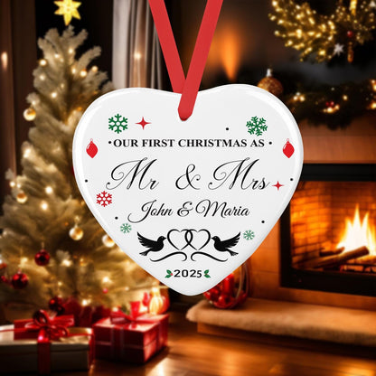 Personalised Mr & Mrs Ceramic Bauble: First Christmas Keepsake