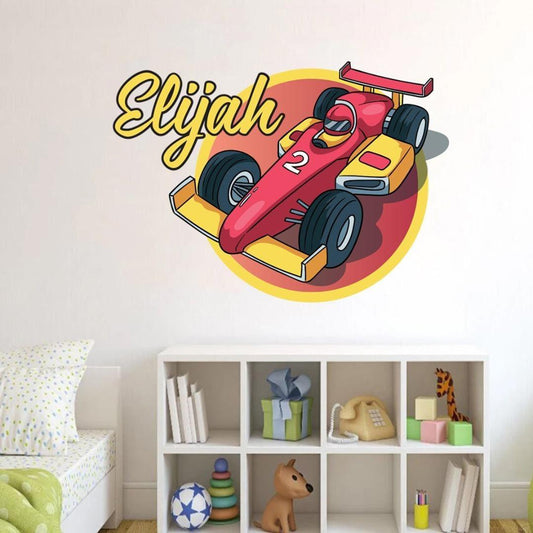 Personalised Racing Car Wall Sticker With Name Decal Vinyl Custom Kids Bedroom