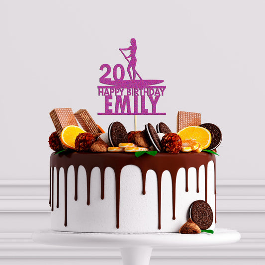 Personalised Paddle Board Glitter Cake Topper: Birthday Party Decor