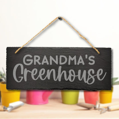 Grandmas Greenhouse Engraved Hanging Slate Plaque Gardening Gift Outdoor Sign