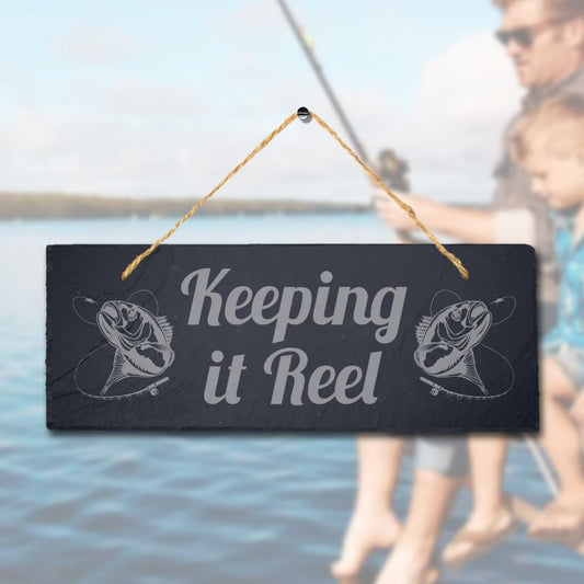 Keeping It Reel Laser Engraved Hanging Slate Sea Fishing Ocean Fish Plaque Sign