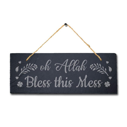 Oh Allah Bless This Mess Laser Engraved Islamic Arabic Hanging Slate Plaque Sign