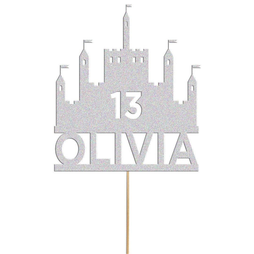 Personalised Glitter Princess Castle Cake Topper: Custom Name & Age