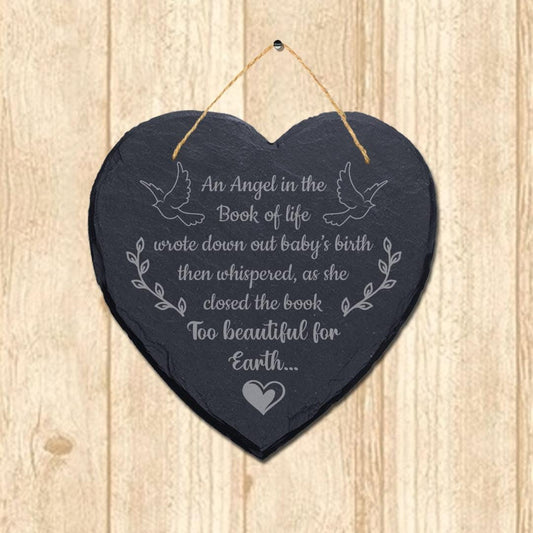 An Angel In The Book Of Life Engraved Wall Hanging Memorial Heart Shape Slate Sign