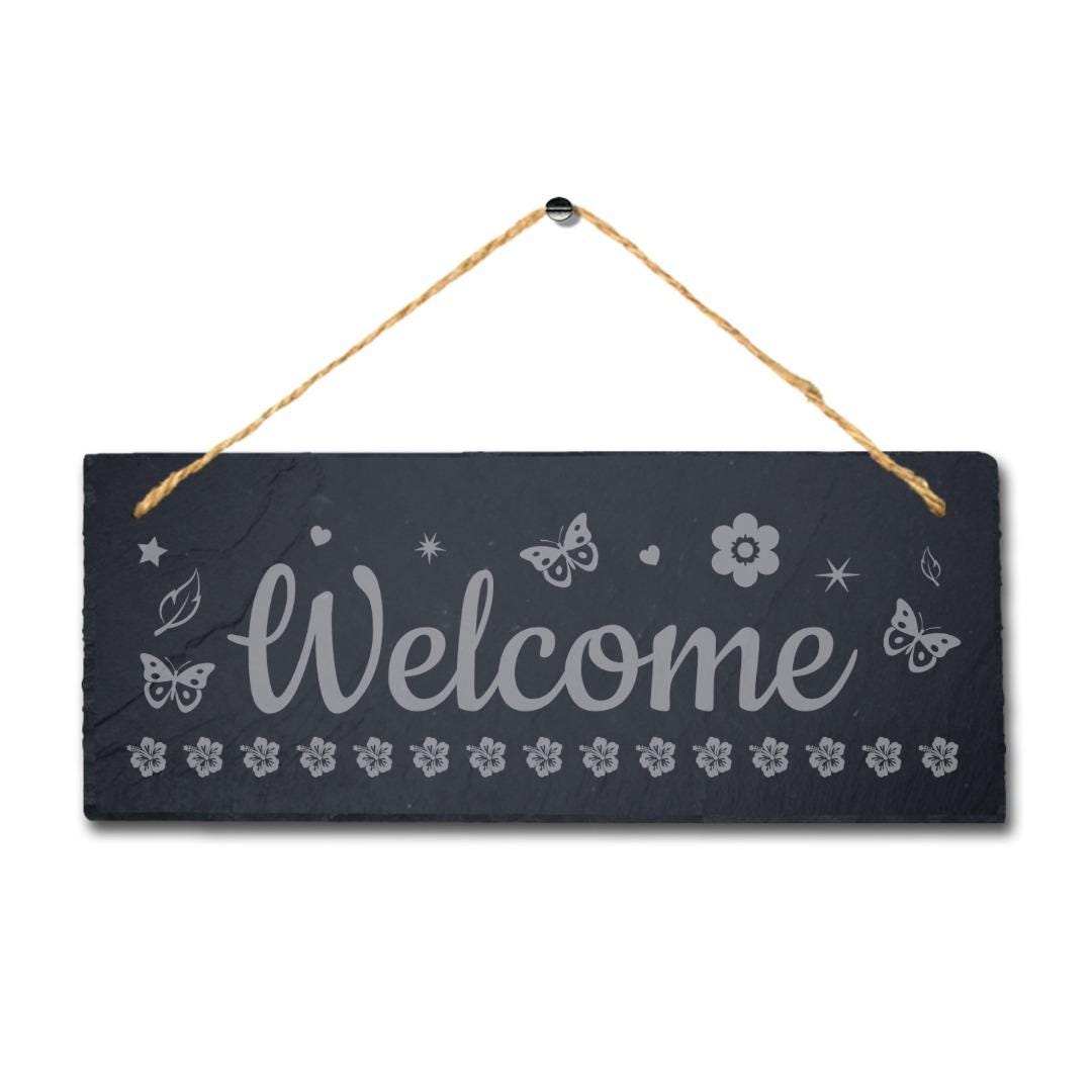 Welcome Butterfly Pattern Laser Engraved Hanging Slate Home Decor Plaque Sign