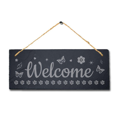 Welcome Butterfly Pattern Laser Engraved Hanging Slate Home Decor Plaque Sign