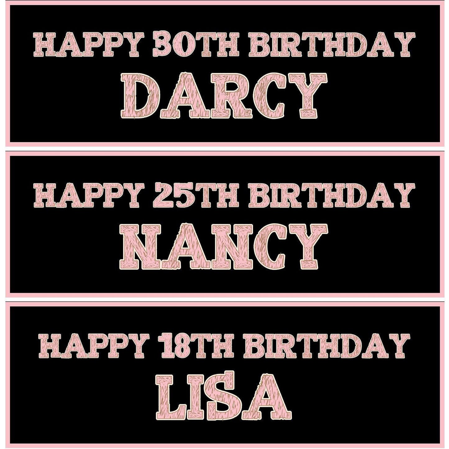 Personalised Birthday Party Banner: Rose Gold Effect, Black Theme (Set of 2)