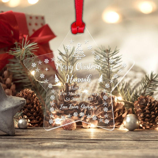 Personalised Nursery Teacher Christmas Bauble Thank You Xmas Star Decoration Gift