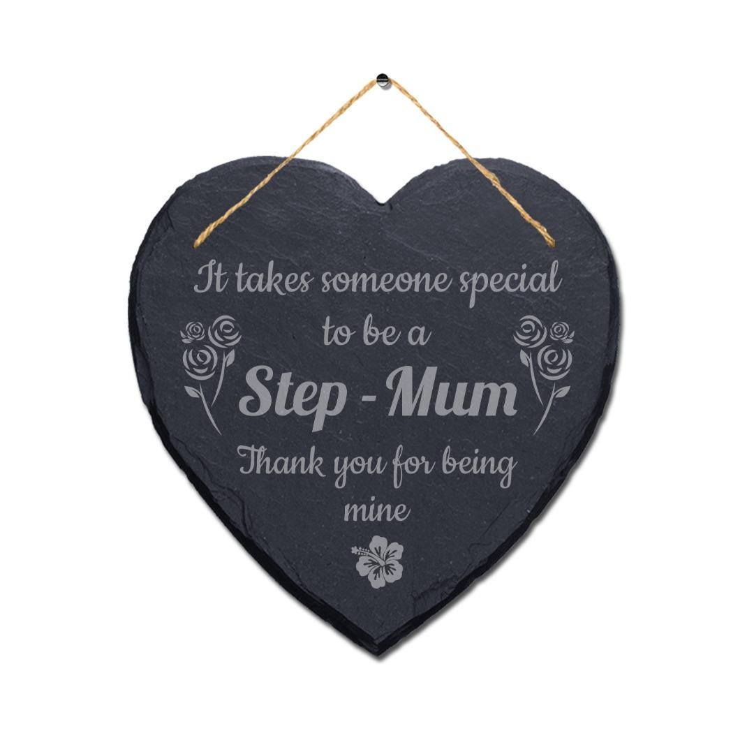 Step Mum Gift: Heart Slate Hanging Plaque with Jute Rope
