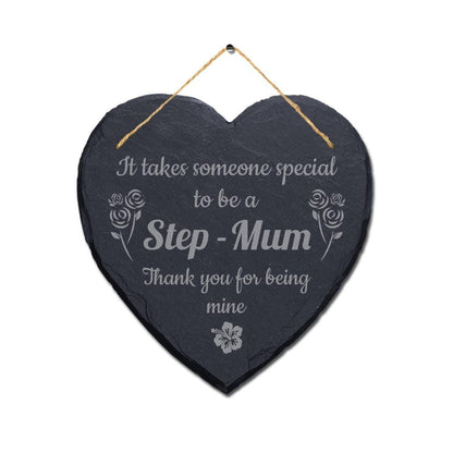 Step Mum Gift: Heart Slate Hanging Plaque with Jute Rope
