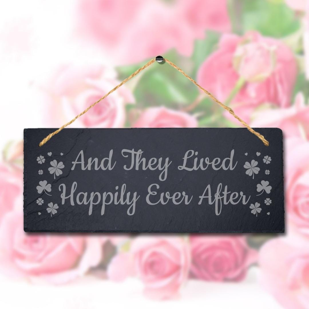They Lived Happily Laser Engraved Hanging Slate Wedding Venue Party Plaque Sign