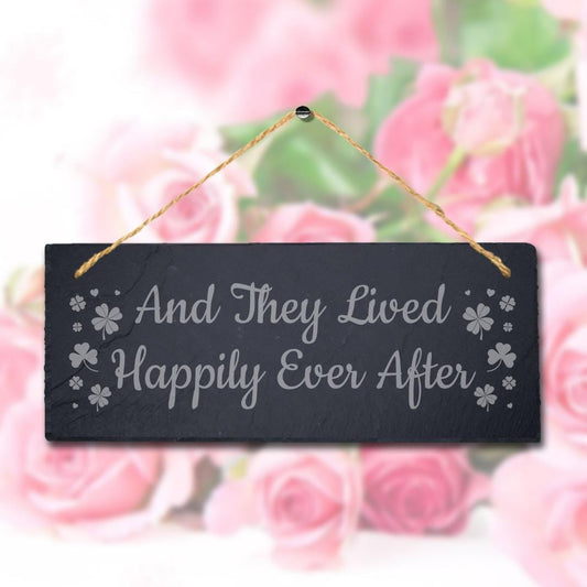 They Lived Happily Laser Engraved Hanging Slate Wedding Venue Party Plaque Sign