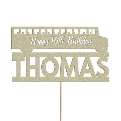 Personalised Glitter Bus Cake Topper: Custom Name & Age