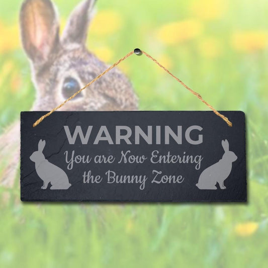 Warning You Are Entering Bunny Zone Engraved Hanging Slate Rabbit Plaque Sign