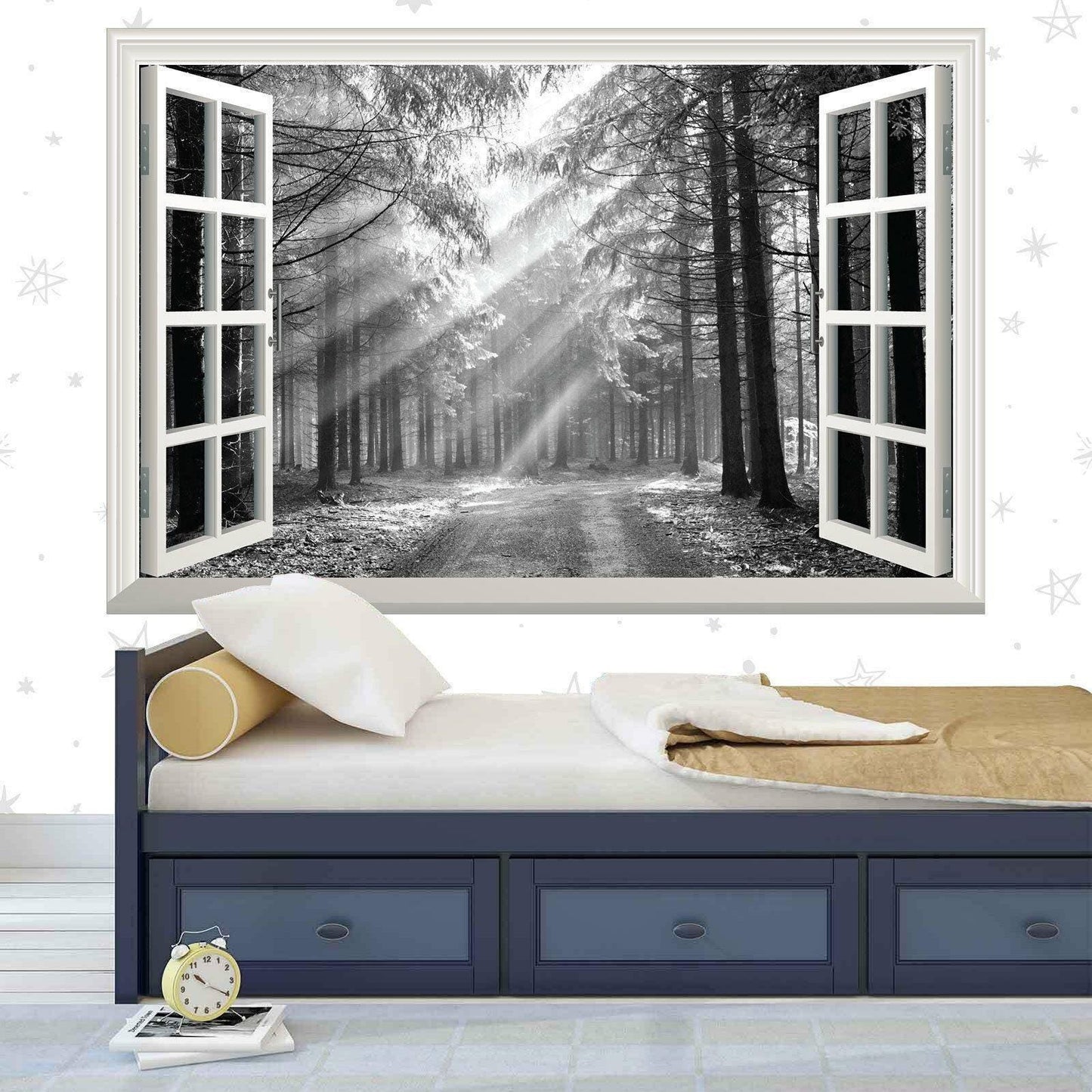 3D Forest Window View Wall Decal: Black & White Sunrise Mural
