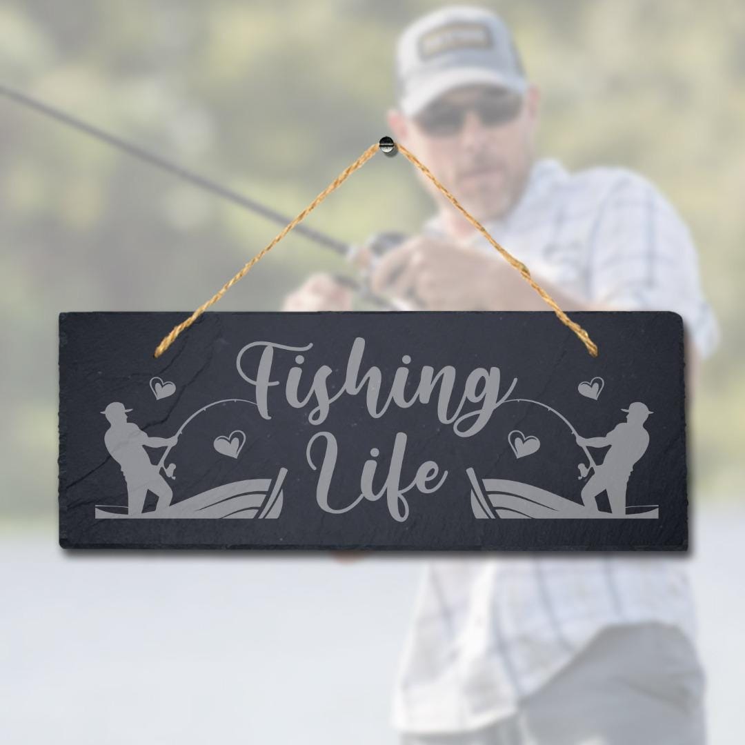 Fishing Life Sea Laser Engraved Hanging Slate Fishing Fish Reel Ocean Plaque Sign