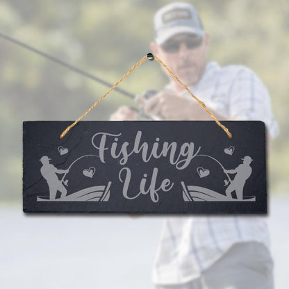 Fishing Life Sea Laser Engraved Hanging Slate Fishing Fish Reel Ocean Plaque Sign