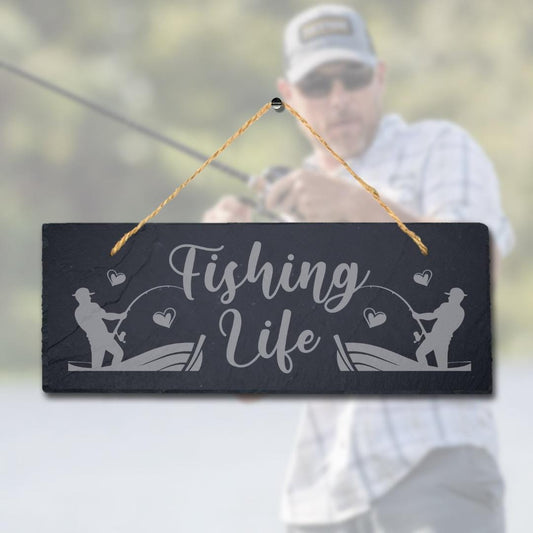 Fishing Life Sea Laser Engraved Hanging Slate Fishing Fish Reel Ocean Plaque Sign