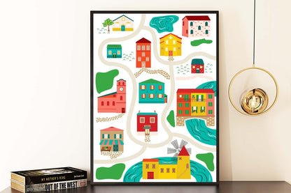 Village Map Kids Boho Watercolour Hand Painted Effect Nursery Wall Art Poster