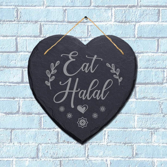 Eat Halal Laser Engraved Wall Hanging Islamic Heart Shape Home Slate Plaque Sign
