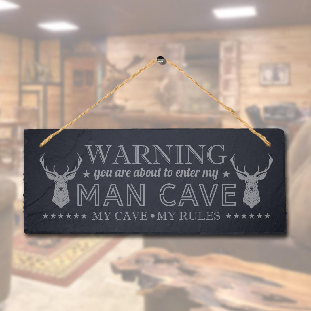 Warning My Cave My Rules Laser Engraved Hanging Slate Home Club Pub Plaque Sign