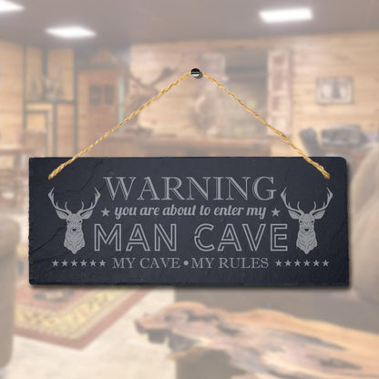 Warning My Cave My Rules Laser Engraved Hanging Slate Home Club Pub Plaque Sign