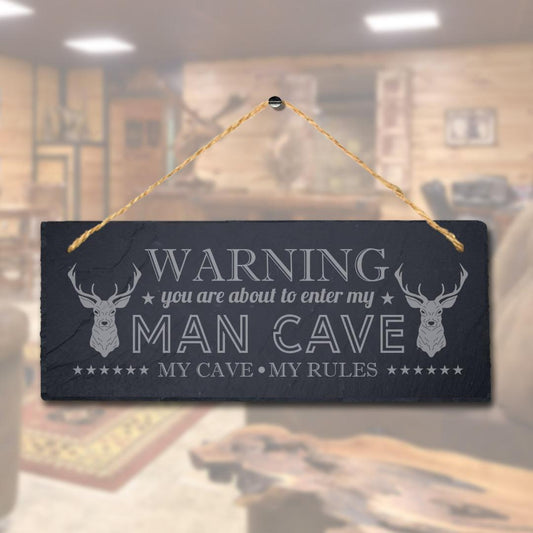 Warning My Cave My Rules Laser Engraved Hanging Slate Home Club Pub Plaque Sign