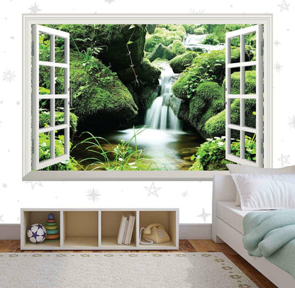 3D Waterfall Window View Wall Decal: Green Forest Mural