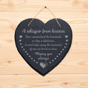 A Whisper From Heaven Laser Engraved Hanging Memorial Heart Shape Slate Sign