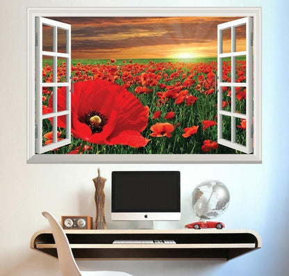 Poppy Field 3D Window View Wall Decal: Sunset Vinyl Mural