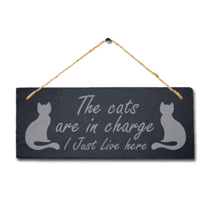 The Cats Are In Charge I Live Here Laser Engraved Hanging Slate Pet Plaque Sign