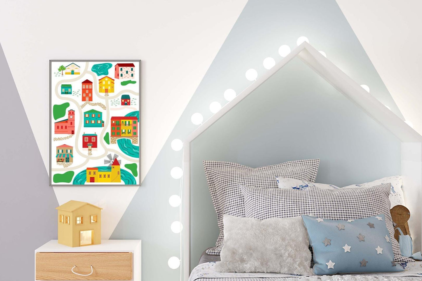 Village Map Kids Boho Watercolour Hand Painted Effect Nursery Wall Art Poster