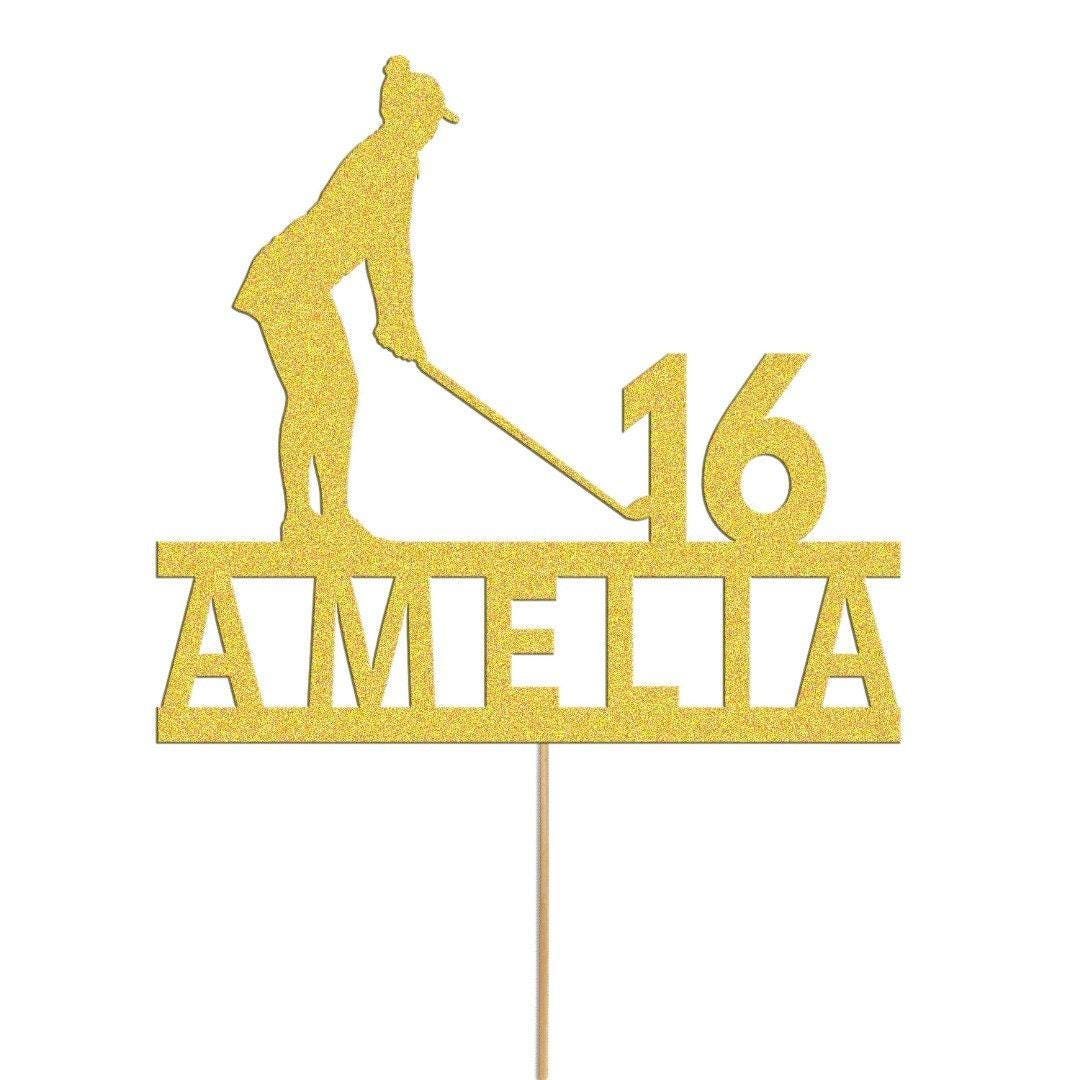 Personalised Glitter Woman Golfer Cake Topper: Any Name & Age