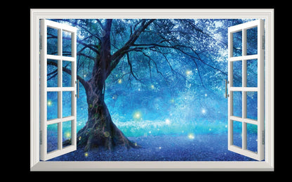 Blue Fairy Tree Wall Decal: 3D Window View, Forest Mural
