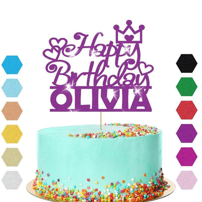 Personalised Princess Crown Glitter Happy Birthday Cake Topper Party Decoration