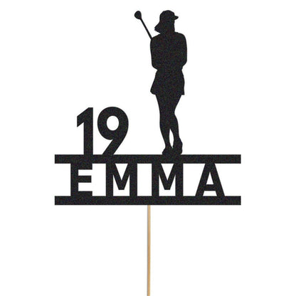 Custom Glitter Woman Golfer Cake Topper: Personalised Name & Age