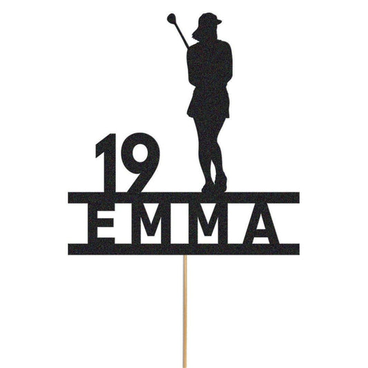 Custom Glitter Woman Golfer Cake Topper: Personalised Name & Age