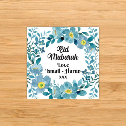 Blue Florals Eid Mubarak Personalised Stickers Festival Favour Envelope Seals