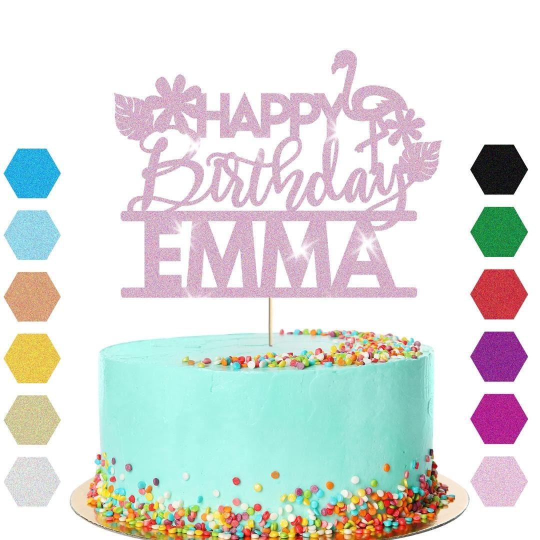 Personalised Flamingo Glitter Happy Birthday Cake Topper Party Cake Decoration
