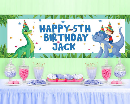 2x Personalised Dinosaur Birthday Banner Set: Jurassic Party Decor