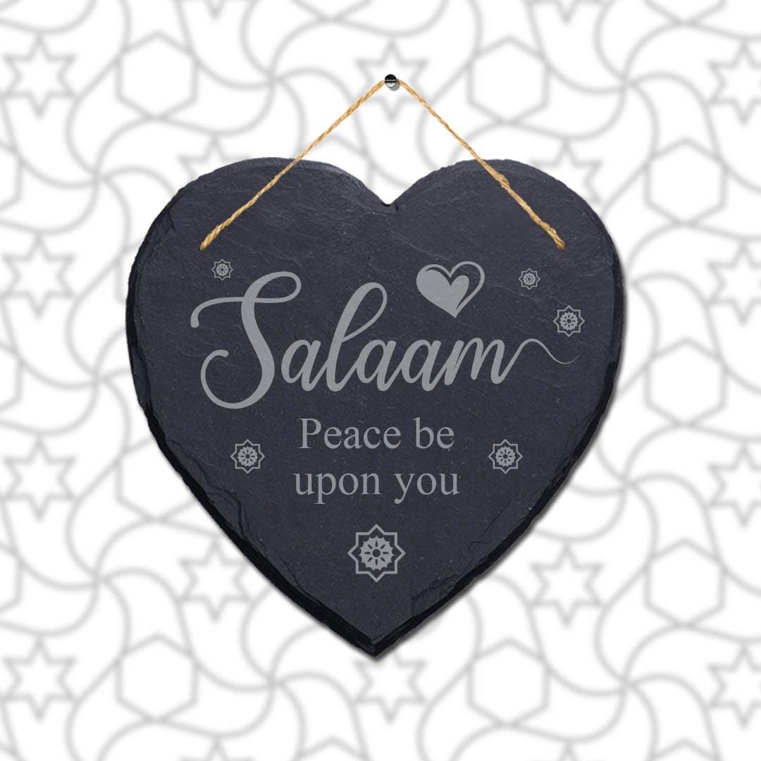 Salam Peace Be Upon You Engraved Islamic Wall Hanging Slate Heart Plaque Sign