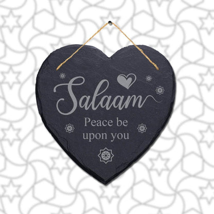 Salam Peace Be Upon You Engraved Islamic Wall Hanging Slate Heart Plaque Sign