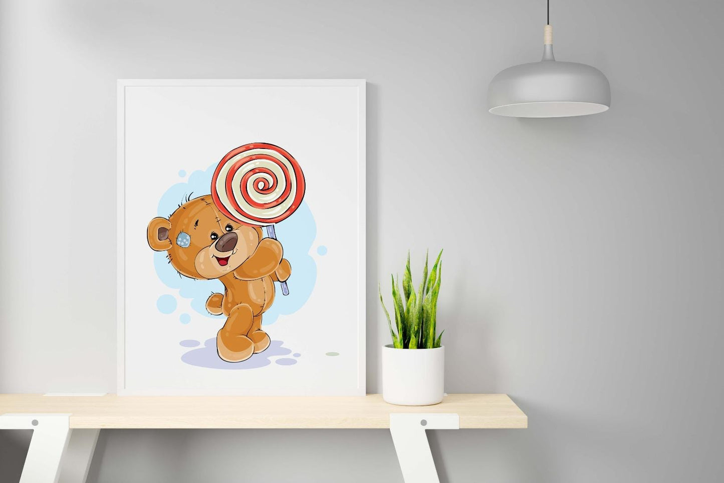 Cute Teddy Bear Holding Lolly Pop Nursery Wall Decor Art Poster Print