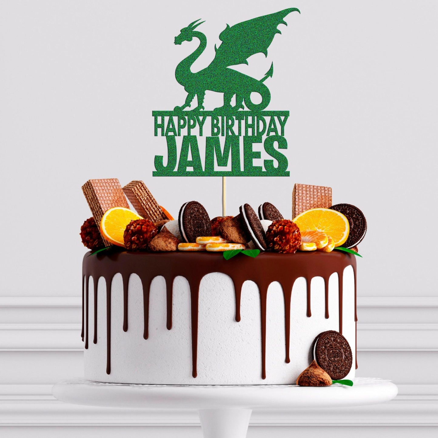 Personalised Dragon Birthday Cake Topper: Double Sided Glitter Decoration