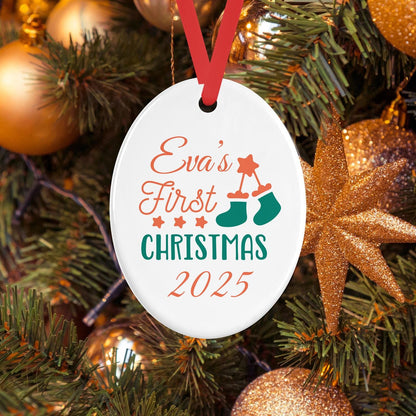 Personalised Babys First Christmas Oval Ceramic Bauble Tree Hanging Decoration Keepsake